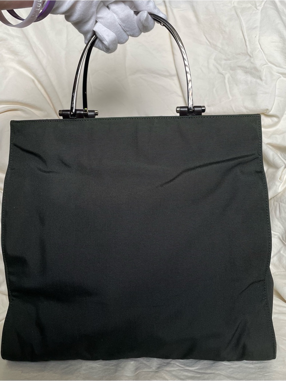 Gucci Authentic Vintage Dark Black-Green Handbag with Metallic Handles